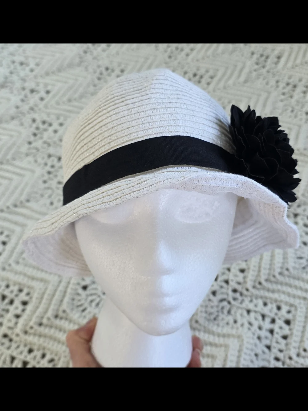 White House Black Market White Hat with Black Floral Accent